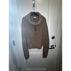 Varley Chunky Knit Quarter Zip Sweater Women Brown Oversized Collar Cozy